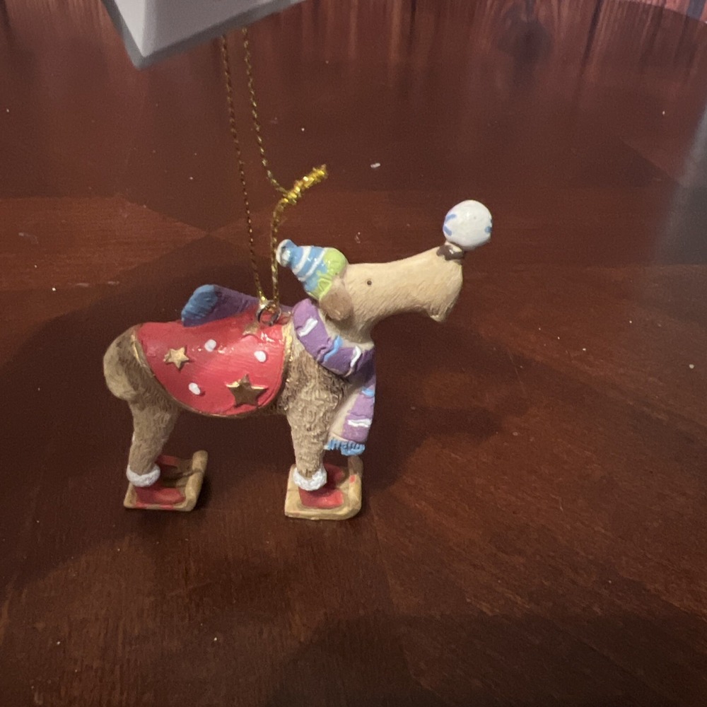 Christmas Ski Dog Ornament Wearing Hat, Scarf, Red Boots Silver Tree Holiday